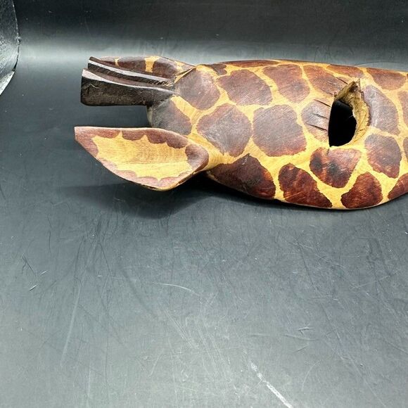 Vintage Giraffe Mask Hand Carved Wood Painted African Wall Decor Art Brown - Picture 14 of 16
